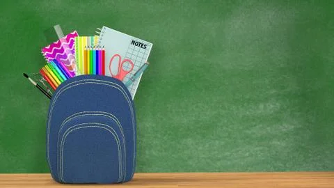 Back to school. A blue Satchel full of school supplies in front of a green bl Stock Illustration