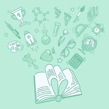 Back to school. Book, source of knowledge. Educational paraphernalia, school 库存插图