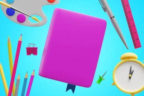 Back to school. A book surrounded by an alarm clock paint pencils. Illustrazione stock