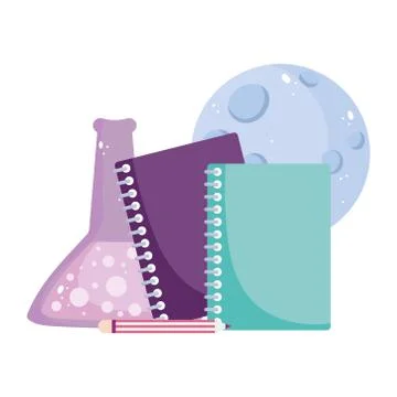 Back to school, books laboratory test tube and pencil elementary education Illustrazione stock