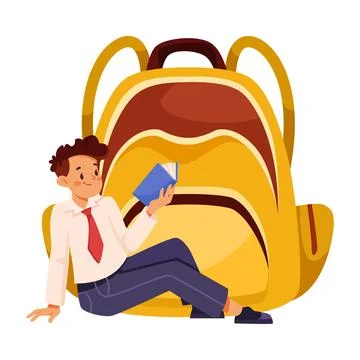Back to School with Boy Pupil Character Sit at Backpack with Book Vector Stock Illustration
