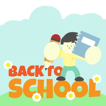Back to school. The boy is standing holding a pencil and a book Stock Illustration