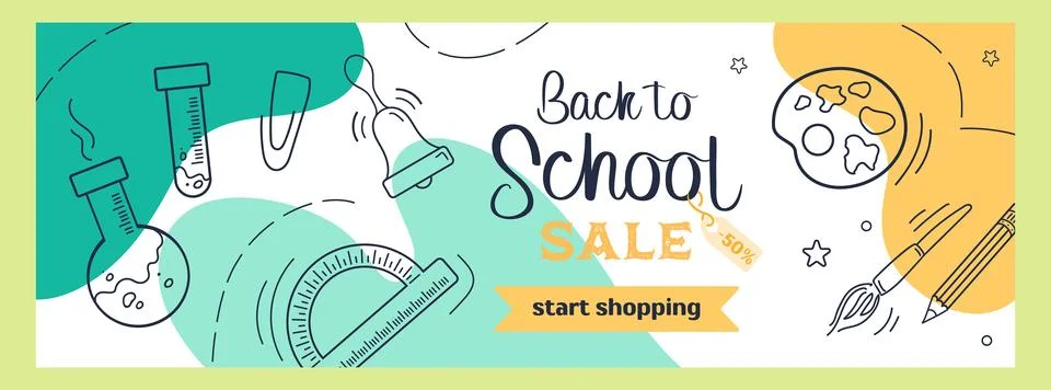 Back to school. Bright horizontal modern banner in sketch style and pastel Stock Illustration