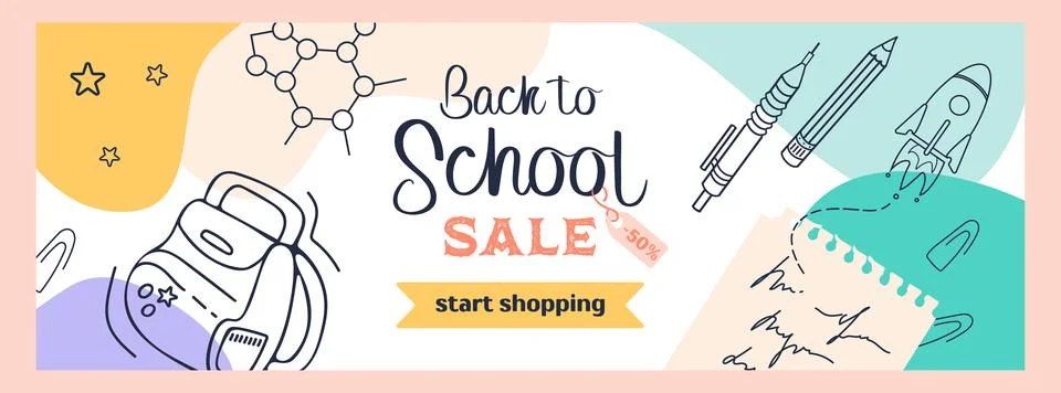 Back to school. Bright horizontal modern banner in sketch style and pastel Stock Illustration