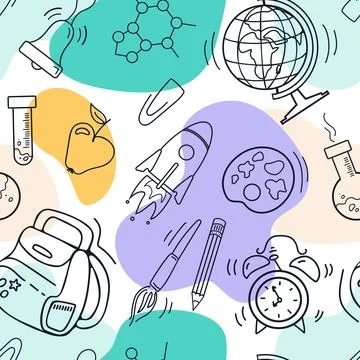 Back to school. Bright modern seamless pattern in sketch style and pastel colors Illustrazione stock
