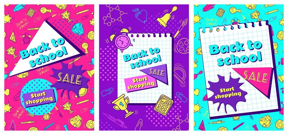 Back to school. Bright set vector vintage banner in neon colors of 90s cartoo Stock Illustration