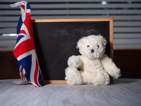 Back to school with British Union Jack flag chalk black board and cute teddy Stock Photos