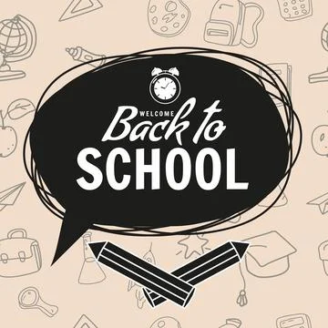 Back to school bubble poster, pencils, clock alarm clock, retro. Sale Background Illustrazione stock
