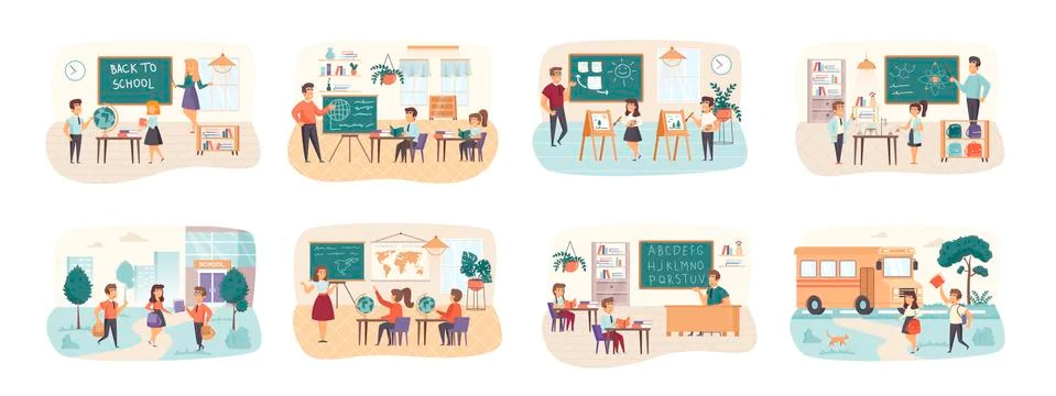Back to school bundle of scenes with people Stock Illustration