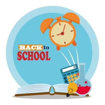 Back to school, calculator book clock and laboratory flask elementary education Illustrazione stock