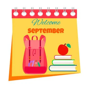 Back to school calendar bright background with text, school backpack and book Stock Illustration