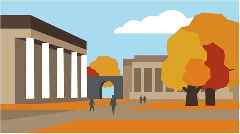 Back to School Campus grounds featuring classic academic buildings and tree.. Stock Illustration