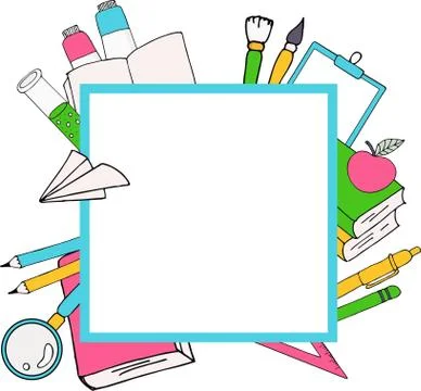 Back to school card with color emblems consisting of pen, pencil, paper plane Stock Illustration