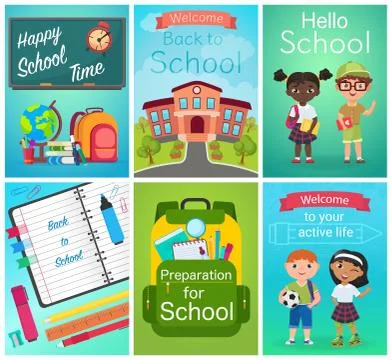 Back to School card design set, pupils kids, school supplies equipment 库存插图