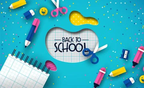 Back to school card papercut fun children supplies Stock Illustration