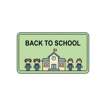 Back to school card with students and school building on a green background. Stock Illustration