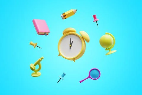 Back to school. Cartoon alarm clock surrounded by educational elements. Illustrazione stock