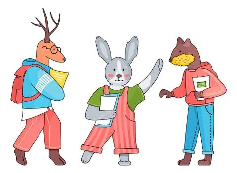 Back to school cartoon animals students, deer with backpack, rabbit with papers Ilustración de archivo