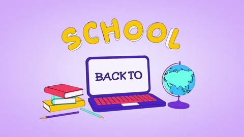 Back to School cartoon animation with title, laptop, globe and books, motion Stock Footage 157724136