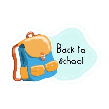 Back to School cartoon backpack sticker, vector illustration Illustrazione stock