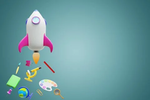 Back to school. Cartoon rocket flies up with educational elements Illustrazione stock