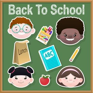Back to school cartoon vector illustration. Smiling kids faces Stock Illustration