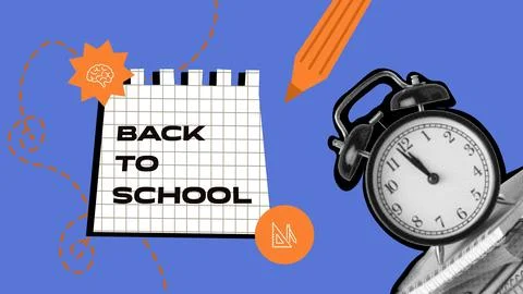 Back to school celebration with a notepad, clock, and pencil emphasizing イラスト素材