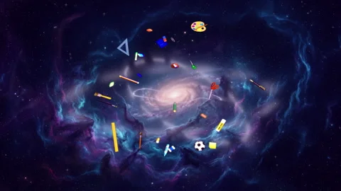 Back to school celestial graphic showing classroom elements hovering in a Stock Footage 336489800