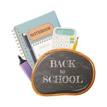 Back to school. Chalk board with text. Notepad, calculator, stationery. Stock Illustration
