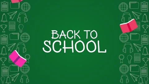 Back to school chalk text on green chalkboard with floating animated pink b.. Stockbeeldmateriaal 338402364