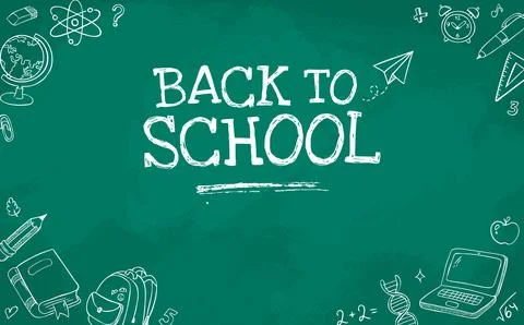 Back to School chalkboard banner with hand drawn education doodle icons and.. Stock Illustration