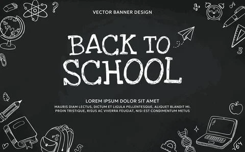 Back to School chalkboard banner with hand drawn education doodle icons and.. Stock Illustration