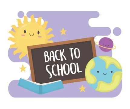 Back to school, chalkboard book and solar system sun planets education cartoon Stock Illustration