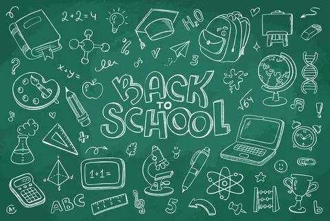 Back to School chalkboard doodle set with hand drawn  education icons. Stock Illustration