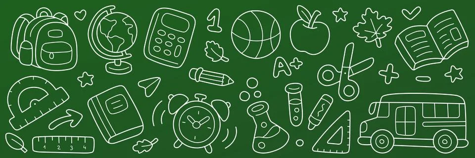 Back to School chalkboard line icon set. Backpack, globe, calculator, books Stock Illustration