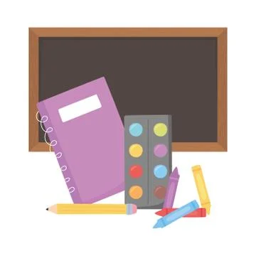 Back to school, chalkboard notebook and crayons education cartoon Stock Illustration