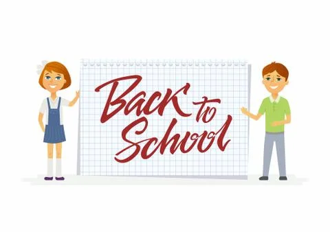 Back to school - characters of happy students with calligraphy lettering Illustrazione stock