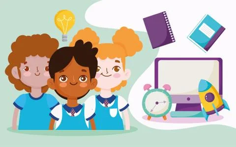 Back to school, characters students computer clock and books backpack elementary Illustrazione stock