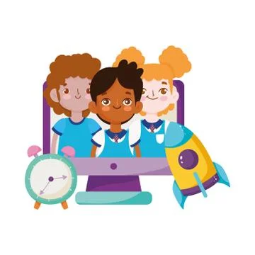 Back to school, characters students computer clock and books backpack elementary Stock Illustration