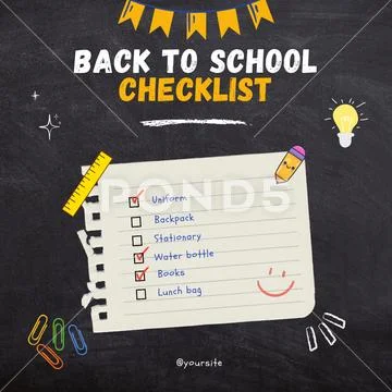 Back to school checklist with school supplies on a chalkboard background PSD Template