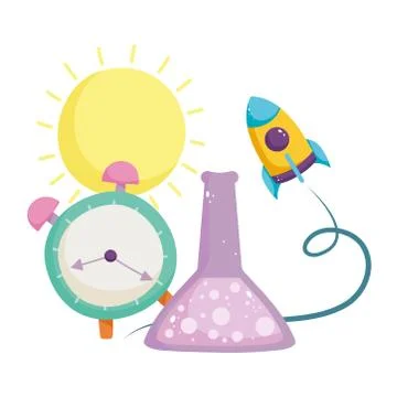 Back to school, chemistry flask clock creativity elementary education cartoon Stock Illustration