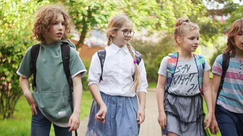 Back to school. Children go to school and have fun talking, curly schoolboy Stock Footage 109454324