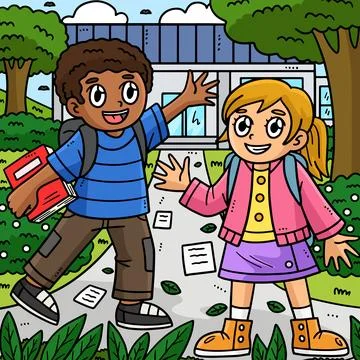 Back to School Children going to School Colored Stock Illustration