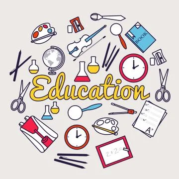 Back to school circle flat icons.  Thin lines outline Stock Illustration