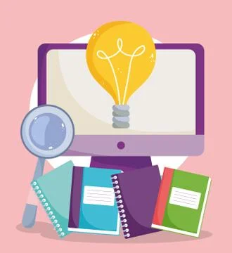 Back to school, class computer online books elementary education cartoon Stock Illustration