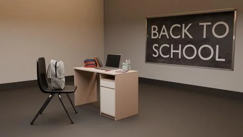 Back to school classroom desk with laptop, books, and chalkboard sign Stockillustratie