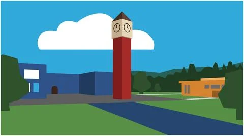 Back to School Clock tower in front of campus buildings with education buil.. Stock Illustration