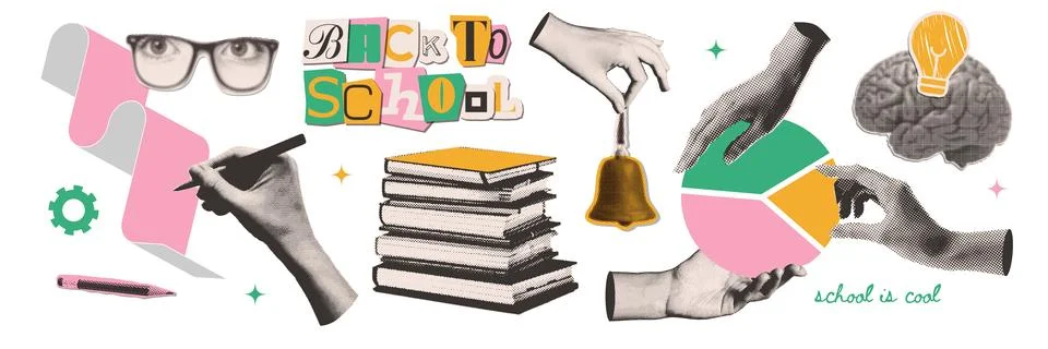 Back to School collage elements set on transparent background with halftone torn Stock Illustration