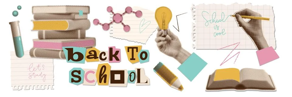 Back to School collage elements set on transparent background with halftone torn Stock Illustration