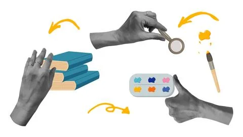 Back to school collage halftone hands set. イラスト素材